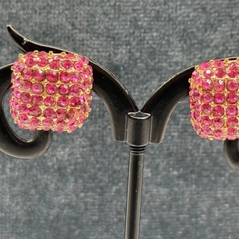 Vintage Fuchsia Metal And Stone Cube Earrings